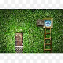 绿色创意墙面门窗梯子世界背景素材