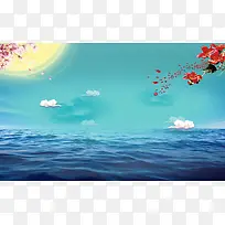 中国风美丽大海上的木棉花与花瓣背景素材