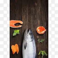木纹背景三文鱼日本料理海报背景素材