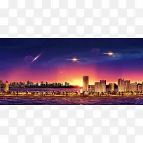 海景城市大气商务紫色淘宝海报背景