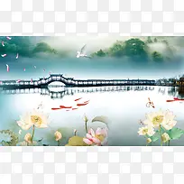 中国风莲花池上的古桥春节背景素材