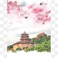 中式花卉古建北京旅游海报背景素材