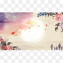中国风水墨月亮与花卉背景素材