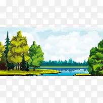 湖边绿色树与蓝天背景图
