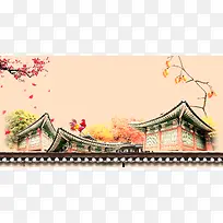 中国风水彩古建筑春节背景素材
