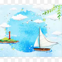 手绘海洋上的帆船背景素材