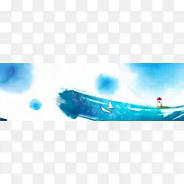 水彩墨迹手绘大海里的帆船背景