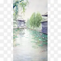 中国风手绘水彩江南H5背景