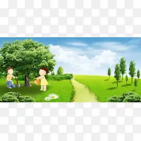 卡通绿色植树节背景海报banner