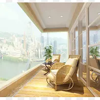 阳光躺椅暖色地板温馨阳台场景背景素材