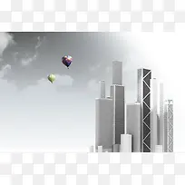 热气球 高楼大厦海报背景素材