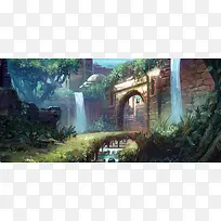 手绘拱门小桥场景图