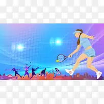 蓝色手绘网球运动比赛海报背景素材