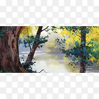 河道旁的树油画