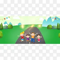 小学生春游卡通童趣自然风光绿色背景