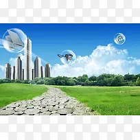现代城市公园草地上透明球体飞舞图片