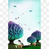 绿色手绘清新植树节大树植树的小朋友背景