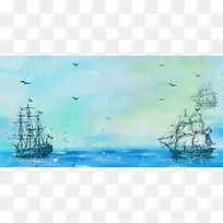 蓝色清新手绘帆船年终大会背景素材