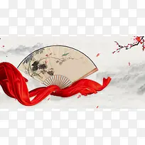 中国风水墨山水梅花红丝绸折扇海报背景素材