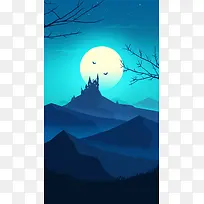 手绘蓝色矢量月夜城堡背景