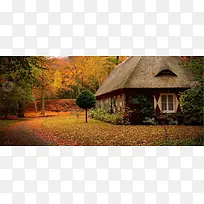 唯美秋季枫叶小屋背景