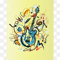 水彩涂鸦吉它时尚潮流音乐海报背景