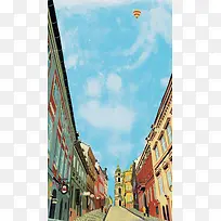 街道画面插画背景蓝色天空背景H5背景