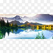 美丽的雪山湖泊树林背景图