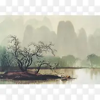 青山秀水水墨画背景