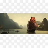 古城帆船背景装饰