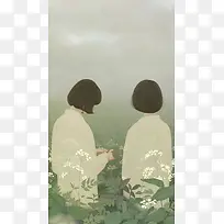 手绘女孩花丛背景