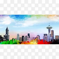 彩色几何剪影西雅图旅游海报背景素材