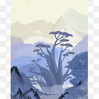 中式蓝色森林树木背景素材