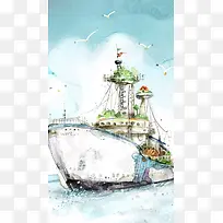手绘白色卡通轮船H5背景