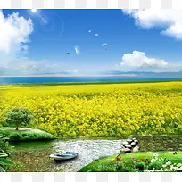 油菜花田蓝天白云草地河水鲜花山峰背景素材