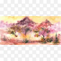 水彩手绘粉红桃花林