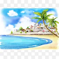 手绘海景房椰树背景