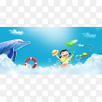 61儿童节卡通游泳海豚海底世界蓝色背景