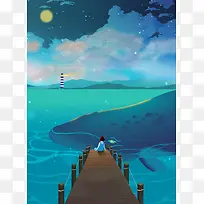夏季夜色唯美等待归来创意水彩图