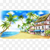手绘幼儿园插画沙滩棕榈旅店