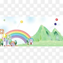 春天郊游手绘蓝色banner背景
