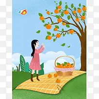 卡通手绘女孩摘橘子海报