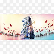 城市炫彩花瓣商务海报背景