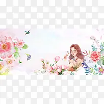 37女生节花朵燕子植物景色白banner