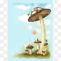 蓝天白云大蘑菇海报背景