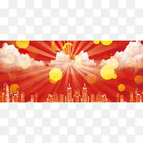 红色喜庆卡通扁平城市背景banner