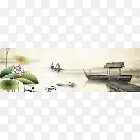中国风手绘山水画荷花船背景banner