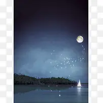 月下湖景印刷背景