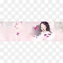 卡通女生粉色蝴蝶桃花女生节banner