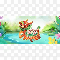 端午节绿色卡通手绘龙舟电商通用促销banner
